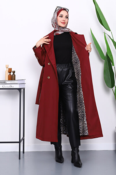 İmajButik Μπορντό καμπαρντίνα με γιακά και επένδυση με ζώνη