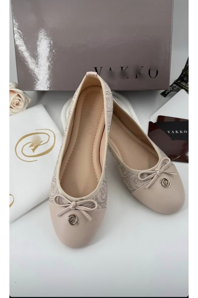 Golden Women's Monogram Patterned Gold Vk Detailed Ballet Flats