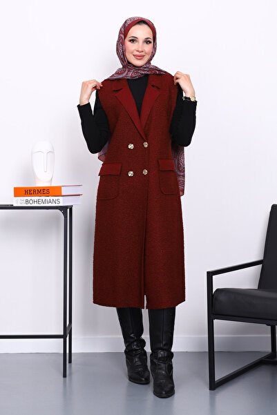 İmajButik Burgundy Buttoned Long Boucle Vest