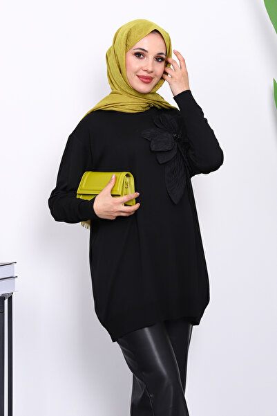İmajButik Black Cold Yarn Floral Detailed Knitwear Tunic