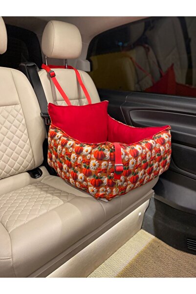 Family Bed Taşınabilir Balkabağı Desenli Köpek Araba Koltuğu Yatağı 50x50cm h...