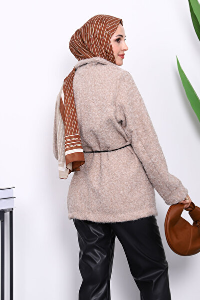 İmajButik Stone Waist-Tied Felt Jacket with Pockets