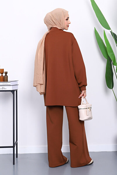 İmajButik Καφέ κοστούμι κατάδυσης με φερμουάρ και παντελόνι τουνίκ