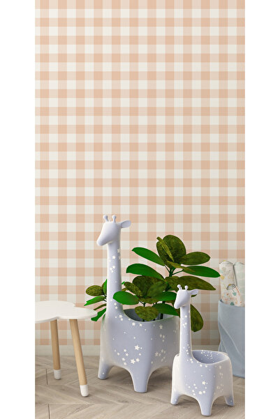 Tasarım Somon Rengi Pötikare Desenli Duvar Kağıdı Poster | Yumuşak Pastel Bebek Çocuk Odası Posteri