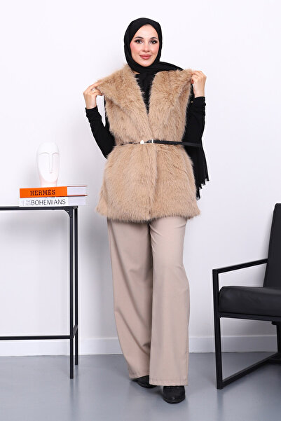 İmajButik Biscuit Lined Belted Fur Vest