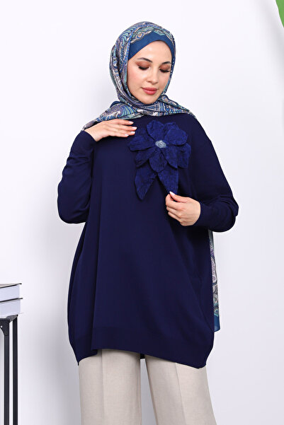 İmajButik Navy Blue Cold Yarn Floral Detailed Knitwear Tunic