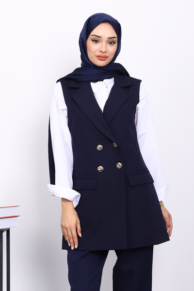 İmajButik Navy Blue Buttoned Pocket Vest