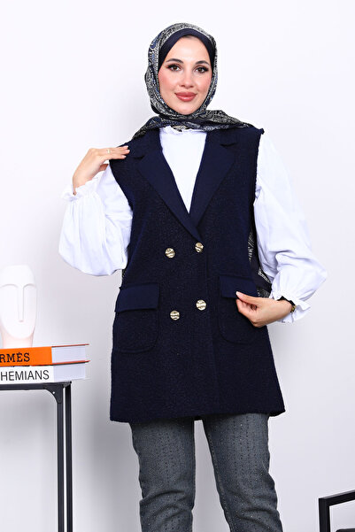 İmajButik Navy Blue Buttoned Boucle Vest