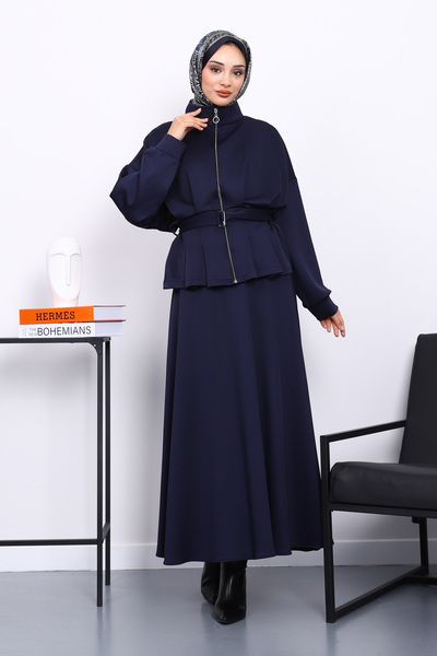 İmajButik Синій піджак з деталями на талії та спідницею, комплект Scuba