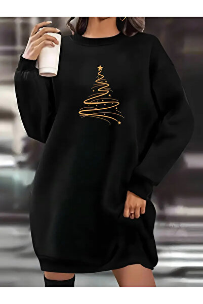 Pink Sky Γυναικείο Χριστουγεννιάτικο Δέντρο με τύπωμα Μαύρο φόρεμα oversized φούτερ