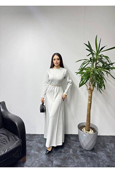 SHEZAN MODA Women's Chain Belted Flared Gray Scuba Dress Bb-10004744