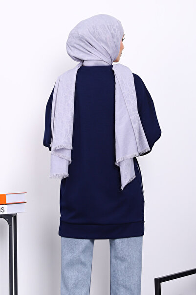 İmajButik Navy Blue Crew Neck Side Zipper Tunic