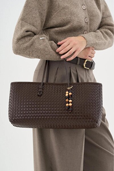 CANTACOMBINE حقيبة يد نسائية طويلة باللون البني المضفر