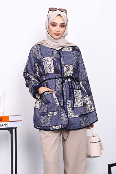 İmajButik Μπουφάν με κουμπωτά με έθνικ σχέδιο σε μπλε ναυτικό