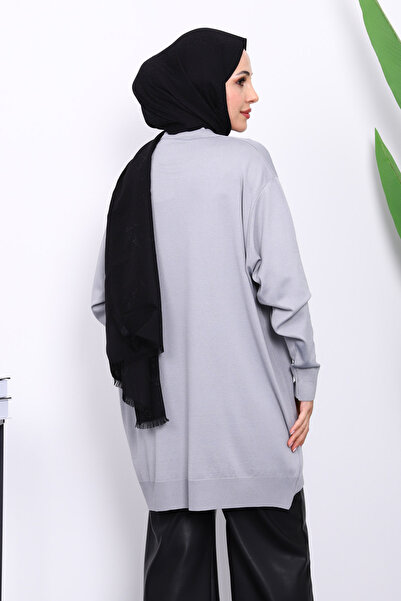 İmajButik Γκρι Ψυχρό Πλεκτό Τούνικ με Λεπτομέρεια Λουλουδιών