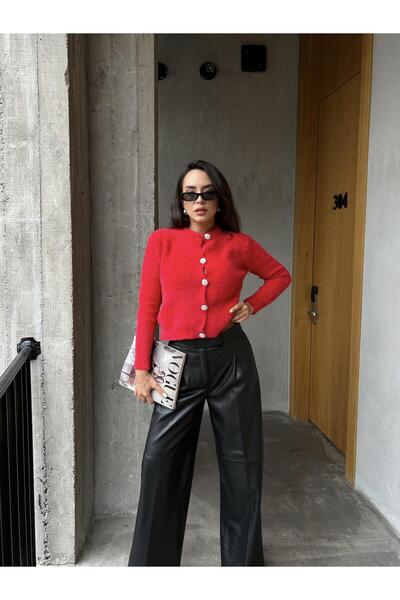 minaaise Women's Red Soft Textured Cardigan with Stone Button Detail 5559