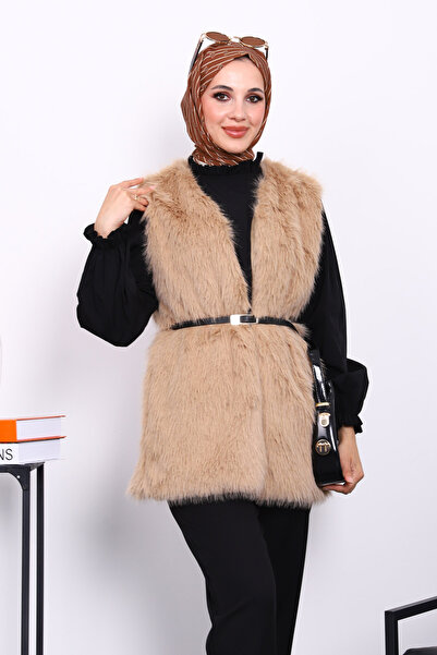 İmajButik Biscuit Belted Lined Fur Vest