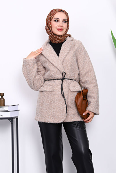 İmajButik Stone Waist-Tied Felt Jacket with Pockets