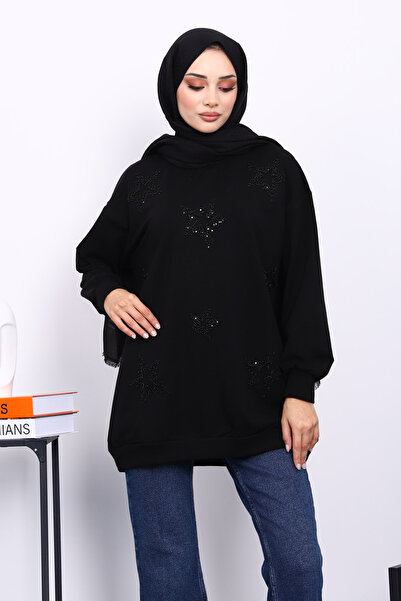 İmajButik Μαύρο φούτερ με λαιμόκοψη και πέτρα Modal