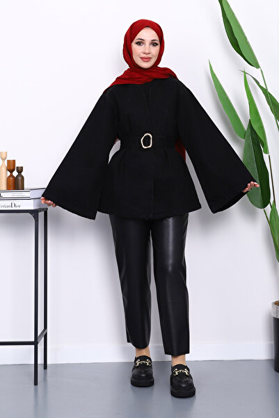 İmajButik Μαύρο τζιν μπουφάν με φαρδιά ζώνη