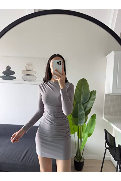 sunademirelfashion فستان بحاشية مطاطية رمادي روك