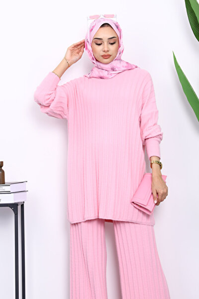 İmajButik Pink Corded Fabric Yumoş Tunic Knitwear Set with Trousers