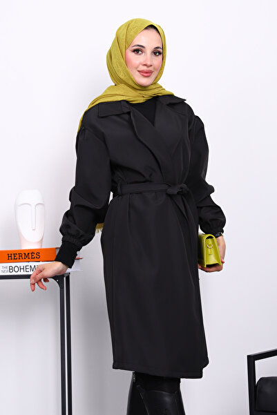 İmajButik Μαύρη καμπαρντίνα με διπλό γιακά με ζώνη