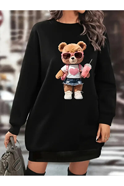 Pink Sky Karikatür Ayı Baskılı Sweatshirt Elbise Kadın