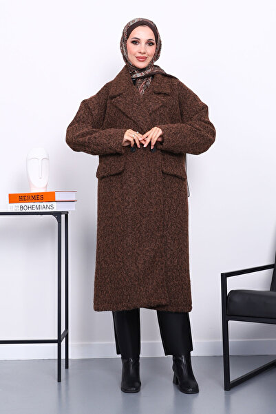 İmajButik Καφέ παλτό με διπλό γιακά με επένδυση από κασετίνα