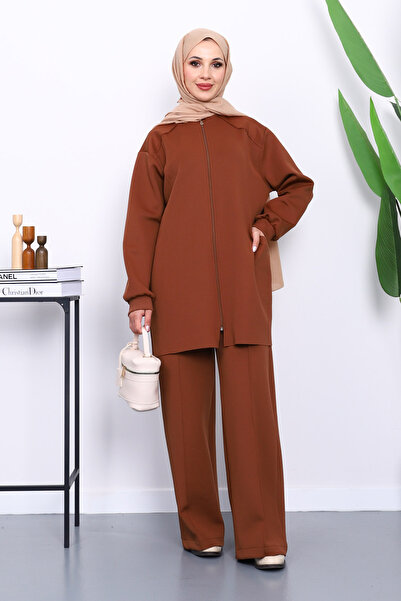 İmajButik Καφέ κοστούμι κατάδυσης με φερμουάρ και παντελόνι τουνίκ