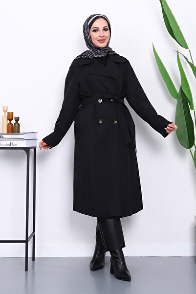 İmajButik Μαύρη καμπαρντίνα με διπλό γιακά με επένδυση