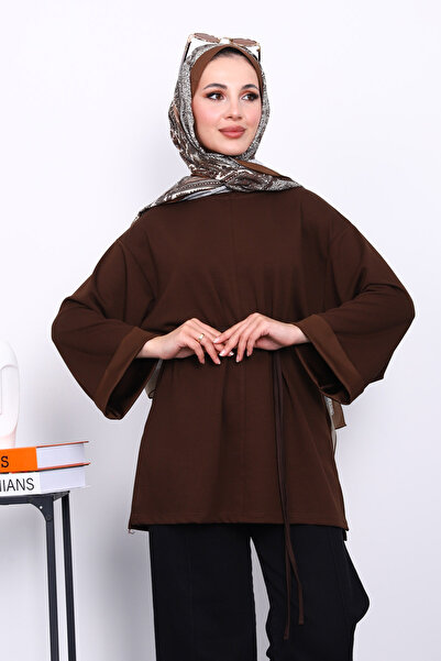 İmajButik Kahverengi Yanları Yırtmaçlı Bel İpli Tunik