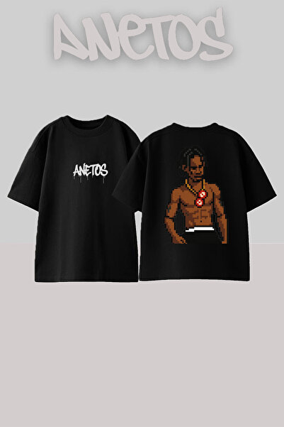 Anetos تي شيرت ترافيس سكوت بتصميم بيكسل مطبوع قطن أسود قصة فضفاضة