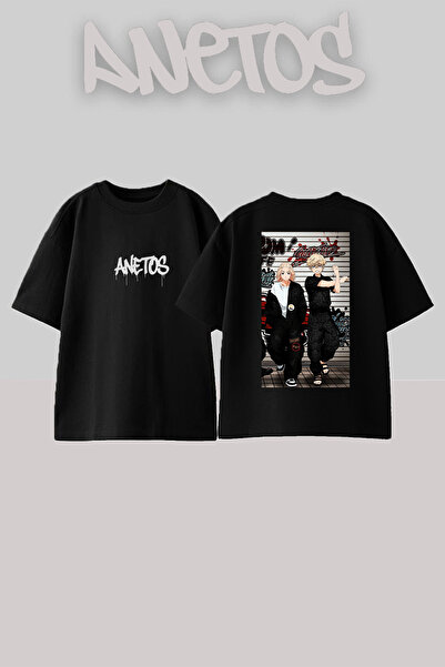 Anetos تي شيرت توكيو ريفينجرز مانجيو ديزاين مطبوع قطن أسود قصة فضفاضة