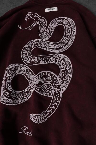 Slatra Erkek Bordo Snake Nakışlı Özel Yıkamalı Oversize Sweatshirt