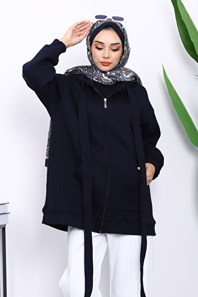 İmajButik Navy Blue Lace Detailed Three Thread Hooded Cardigan