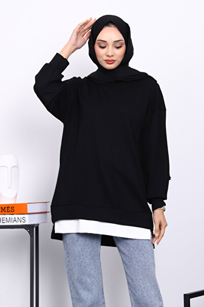 İmajButik Black Crew Neck Side Zipper Tunic