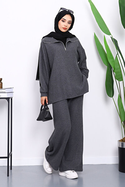 İmajButik Smoked Collar Zippered Tunic with Trousers Corded Fabric Sets