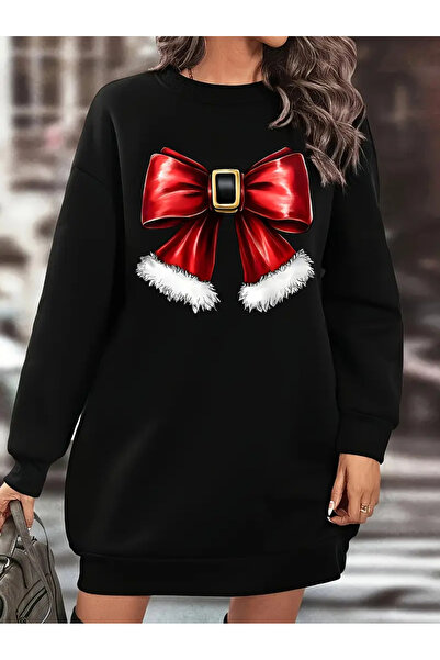 Pink Sky Γυναικείο Χριστουγεννιάτικο Φούτερ με Κόκκινη Κορδέλα - Μαύρο