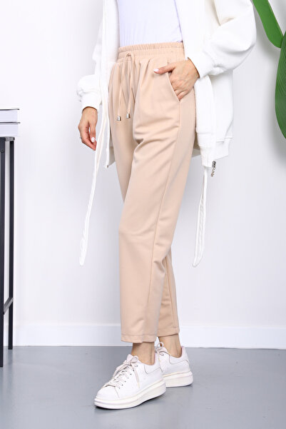 İmajButik Beige Elastic Waist Double Pants with Pockets