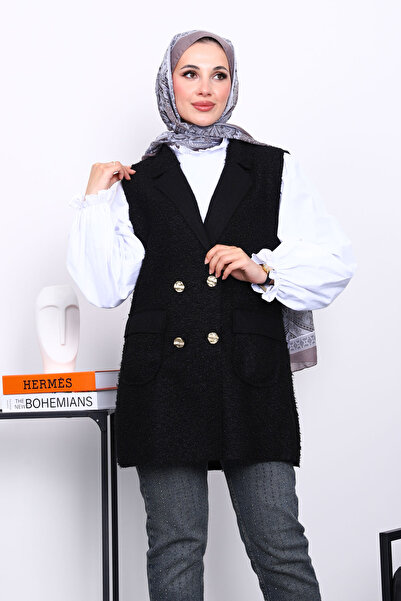 İmajButik Black Buttoned Boucle Vest