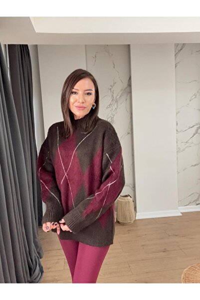 X-Young سترة واسعة بنقشة البقلاوة ذات اللون البني الداكن