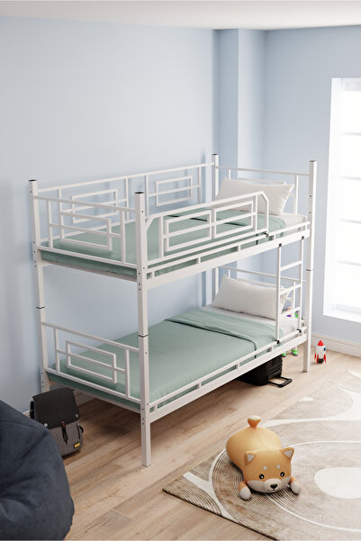 MOBLAY Defne Genç Çocuk Yatak Odası Metal Ranza Ve Karyola 90x200 Beyaz