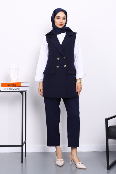 İmajButik Navy Blue Buttoned Pocket Vest