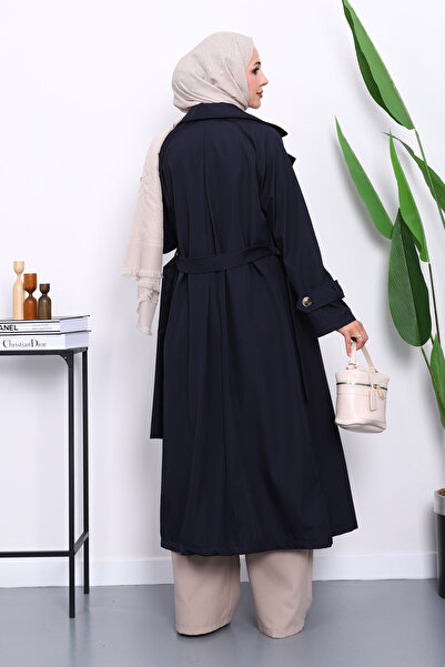 İmajButik Синій тренч з коміром-стійкою, поясом і підкладкою