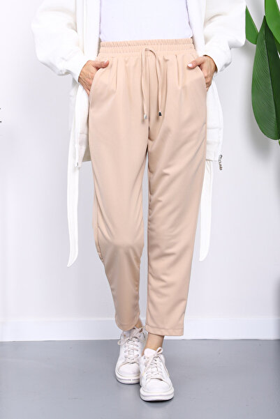 İmajButik Μπεζ διπλό παντελόνι με ελαστική μέση και τσέπες