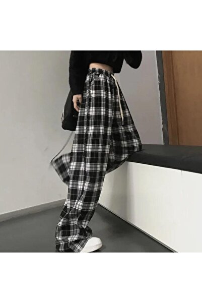 Karakedi Siyah Beyaz Ekose Desen Lastikli Bel Rahat Pantolon