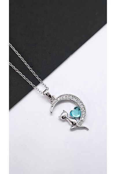 Serenity قلادة من الفولاذ على شكل قلب أزرق مع شكل قطة الهلال
