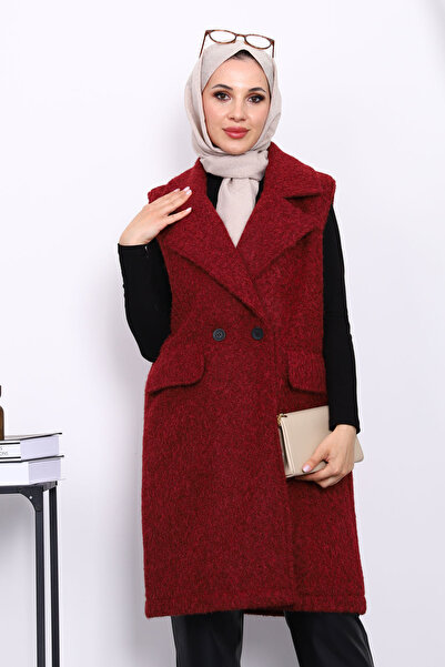 İmajButik Claret Red Double-Breasted Collar Lined Cashmere Vest