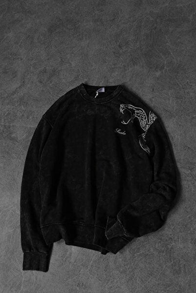 Slatra Erkek Antrasit Snake Nakışlı Özel Yıkamalı Oversize Sweatshirt